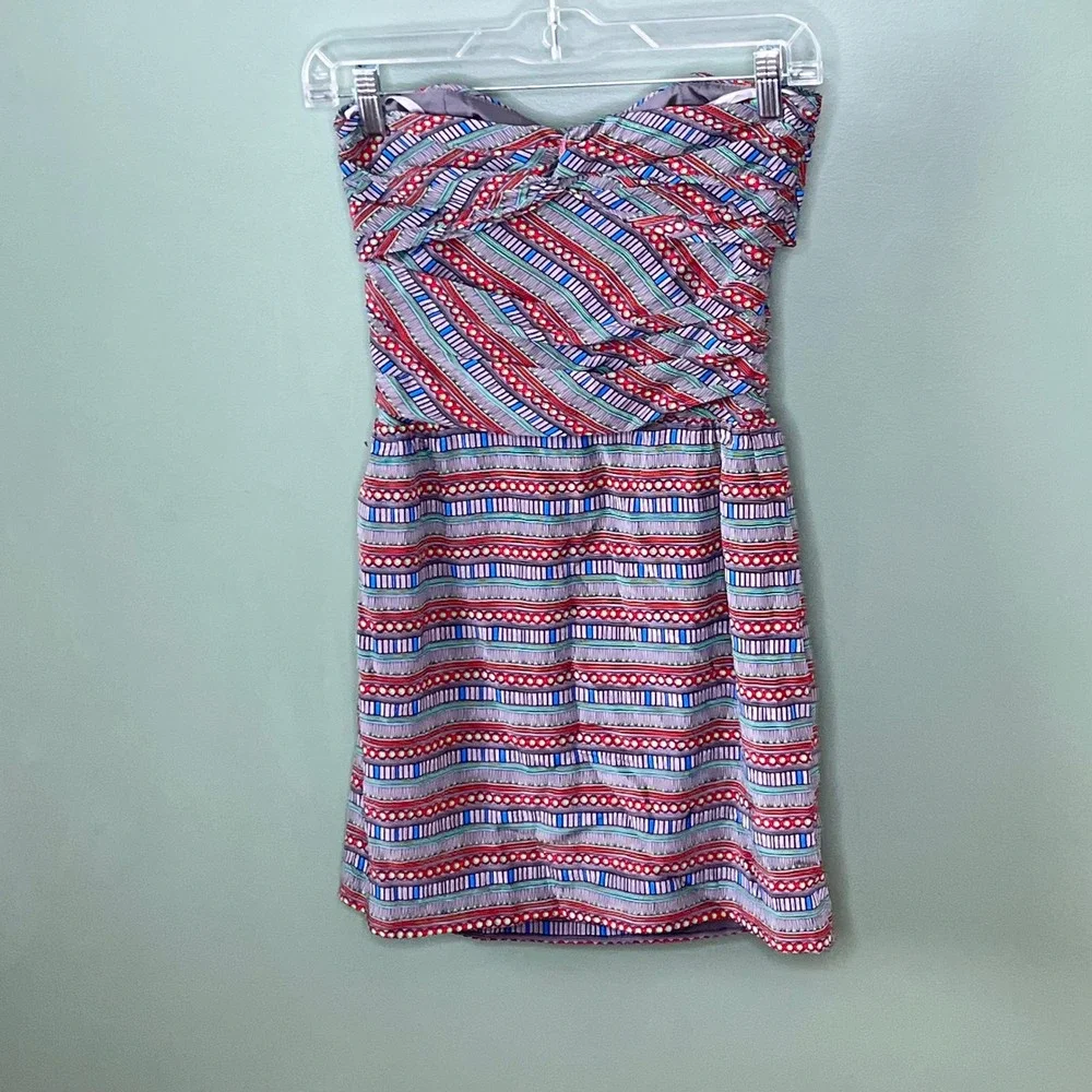 Mara Hoffman Silk Strapless Mini Dress Tribal Print Cutout Sweetheart Red Blue 0